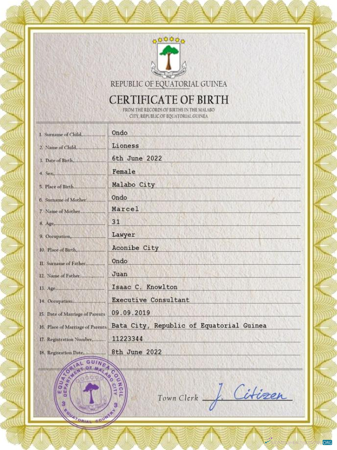 Download Equatorial Guinea birth certificate PSD template Photoshop template